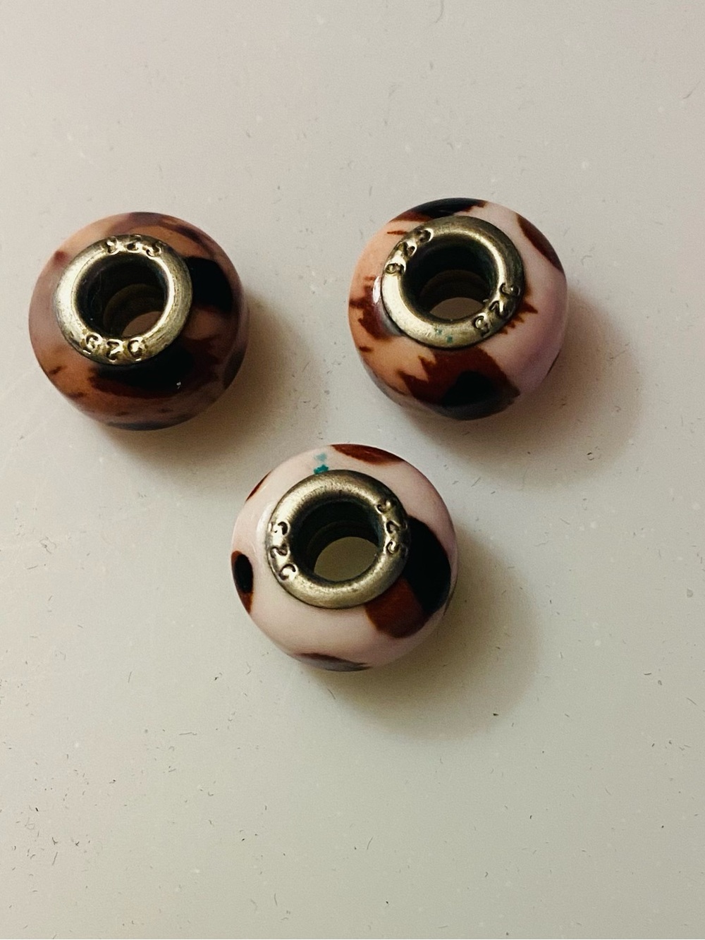 Pink and Brown Glass Bead Charm Spacers the Trio stamped 92.5